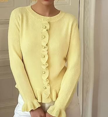 deri jaket: Zərif qadın kardiqanı – açıq sarı rəngdə, yumşaq toxunuşlu trikotaj — 1