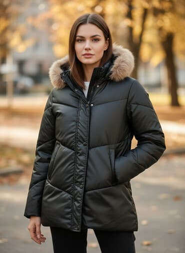 Qadınlar üçün qara rəngli qış gödəkçəsi - Kapüşonlu model, kənarı