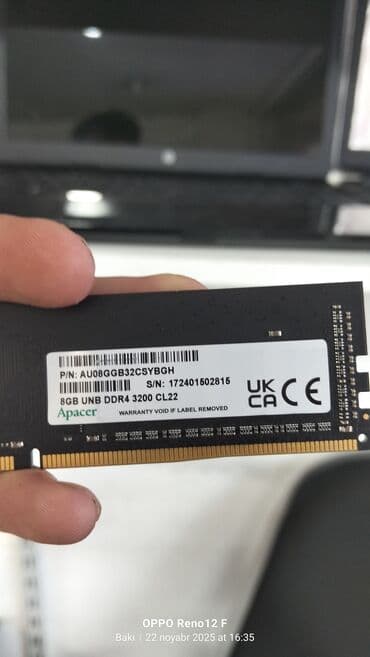 Kompüter ehtiyyat hissələri: Operativ yaddaş (RAM) Apacer, 8 GB, 3200 Mhz, DDR4, PC üçün, İşlənmiş — 3