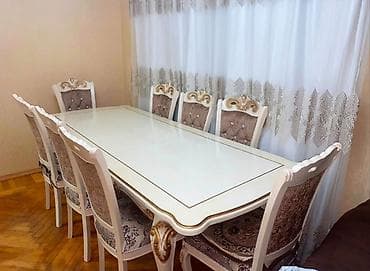 tarsofka boya: Klassik üslubda yemək otağı dəsti - Komplekt: 1 iri yemək masası + 8 — 5