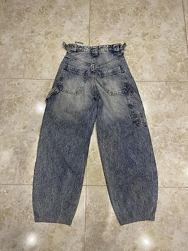 Джинсы и брюки: Geniş kəsimli uşaq cins şalvarı - Rəng: tünd boz/acid wash efekti - — 2