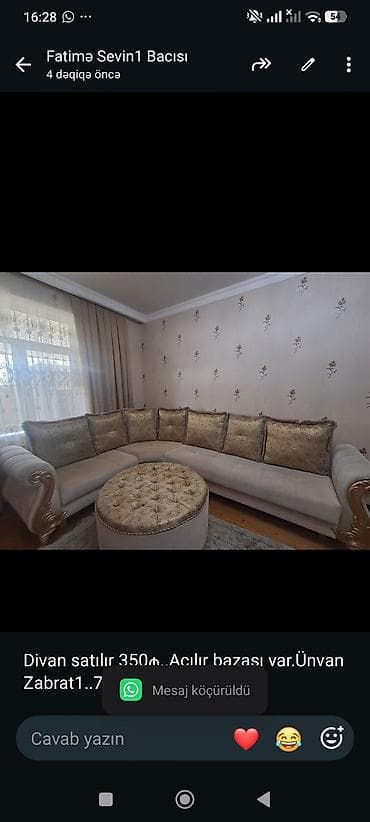 Divanlar: Divan satılır 350₼. Açılır bazası var.Ünvan Zabrat1. 7737. Fatimə99 — 1