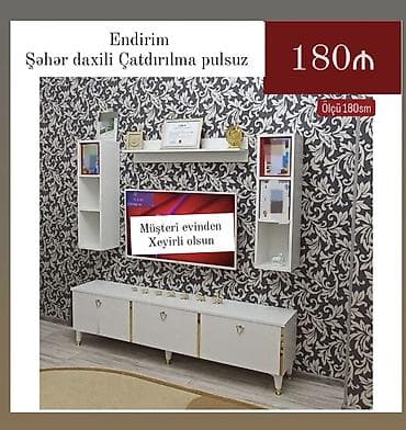 TV stendi və divar rəfi dəsti - Ölçü: 180 sm - Rəng: ağ -
