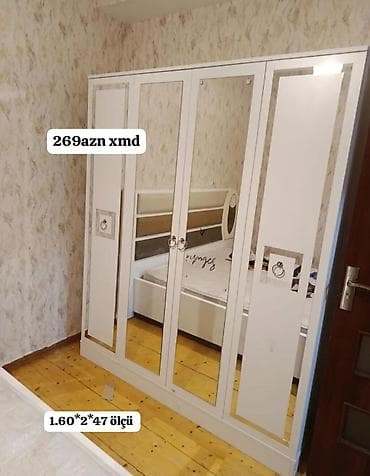 dolab termo: Ağ rəngli 5 qapılı paltar dolabı - Ön hissəsi güzgülü panellərlə — 1