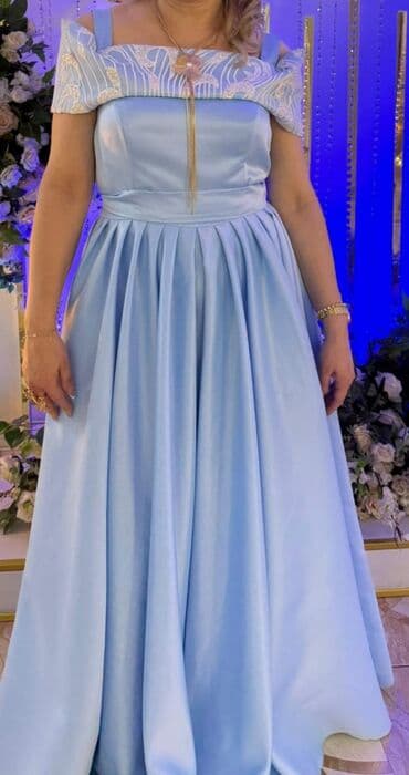nişan paltarı: Göy rəngli ziyafət/libas - Model: Uzun, A-kəsimli, büzgülü ətəkli — 2