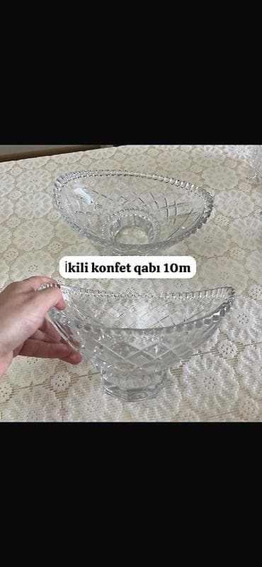 İkili şüşə konfet qabı seti - 2 ədəd dekorativ şüşə qab - Oval forma