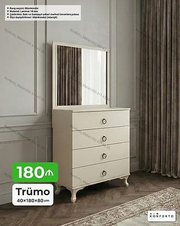taxta komod: Trümo – 40×180×80 sm - Klassik dizaynlı güzgülü komod: 4 geniş — 1