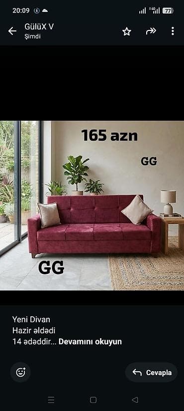 Yeni Divan Hazir əldədi 14 ədəddir Biri 165 azn Ölçü 2.10 Paduskalar