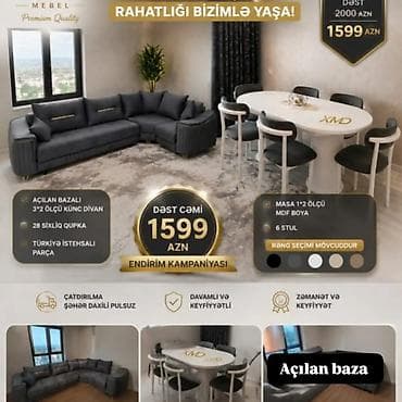 divan sekilleri: MDF boyalı yemək masası dəsti – 6 stul ilə - Masa ölçüsü: 1×2 m - — 9
