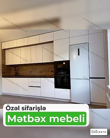 Özəl sifarişlə mətbəx mebeli - Müasir, minimal dizayn: ağ rəngli