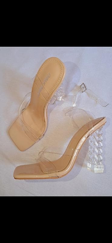 ayaqlar: Şəffaf zəncir naxışlı topuqlu qadın terlik/sandal YENIDIR GEYINILMEYIB — 3