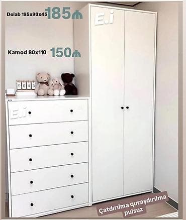 Ağ rəngli yataq otağı dəsti – dolab və kamod - Dolab: 2 qapılı, ölçü