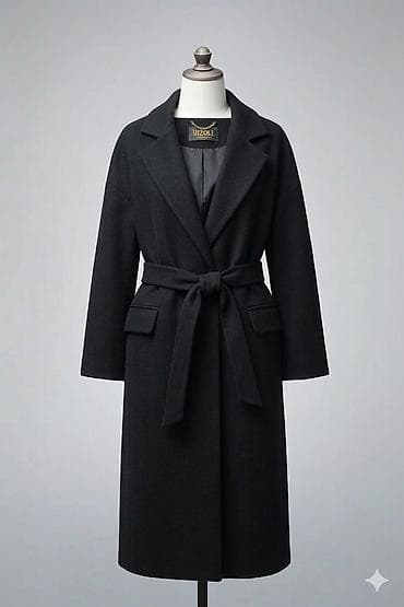 wolt geyimi: Qadın palto – klassik qara rəngdə, beldən kəmərli model. Geniş — 1