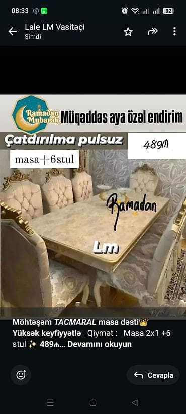 ucuz stullar: *Möhtəşəm _TACMARAL_ masa dəsti*👑 *Yüksək keyfiyyətlə* Qiymət  — 1