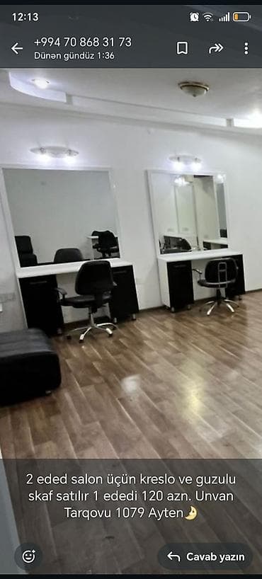 Gözəllik salonu üçün avadanlıq: - 2 ədəd salon kreslosu - Güzgülü skaf