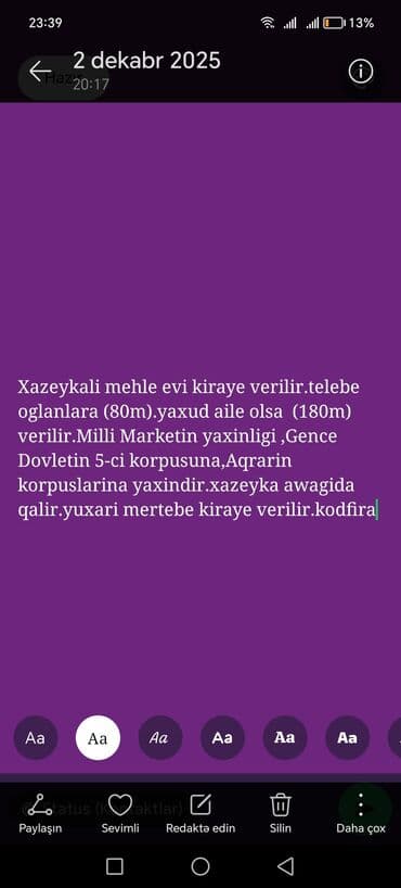 Kirayə mənzil və həyət evləri: 1) Bala Bəhməndə, Ozan küçəsi – 2