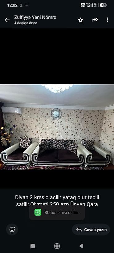 Divan 2 kreslo acilir yataq olur tecili satilir.Qiymeti 250 azn.Ünvan