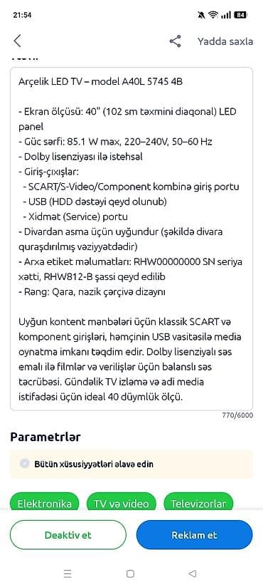 Смарт ТВ приставки: Arçelik A40L 5745 4B LED TV Xüsusiyyətlər: - Ekran diaqonalı: 40 düym — 10