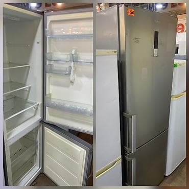 atlant soyuducu servis: Gümüş rəngli iki qapılı soyuducu-dondurucu (aşağıda dondurucu — 1