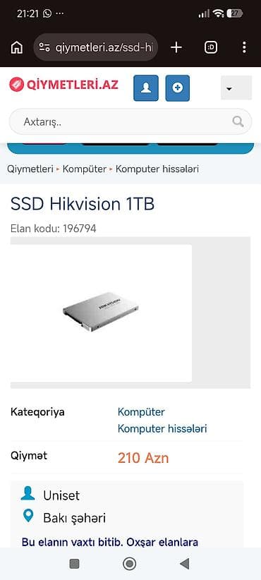 Elektronika: Hikvision V310 SSD 1TB paketi açılıb ancaq işlədilməyib səfən — 3