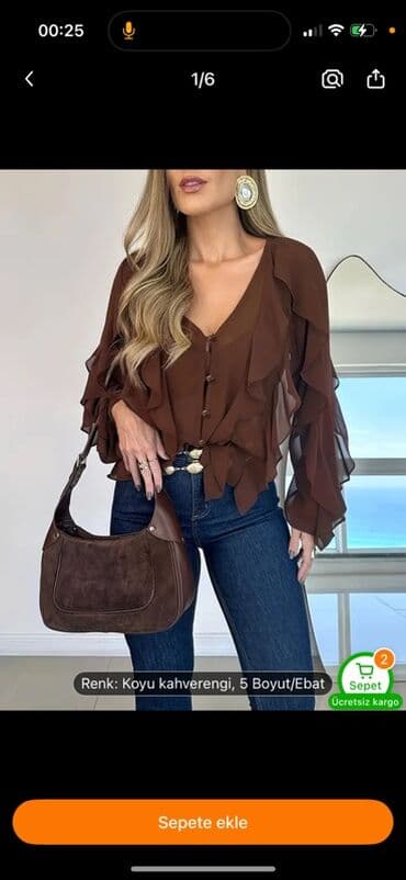 iş geyimi: Qadın bluzu – qaranlıq qəhvəyi rəng - Model: V-yaxa, ön hissədə — 1