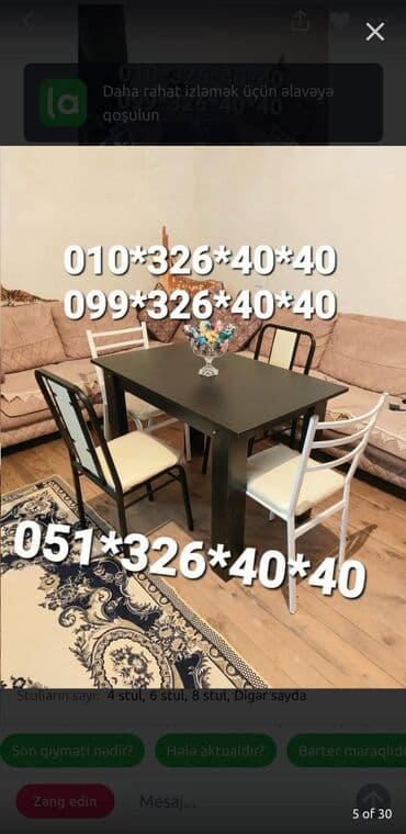 Masa və oturacaq dəstləri: Qonaq otağı üçün, Yeni, Açılan, Dördbucaq masa, 4 stul — 30