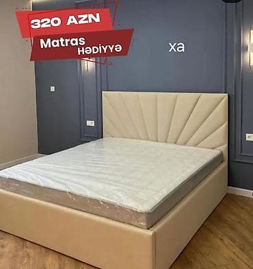 yataq dəsdləri: Yataq dəsti – yumşaq bej rəngli, yüksək başlıqla - Modern dizaynlı — 1