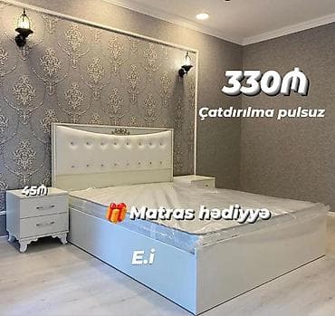 Ağ rəngdə müasir yataq dəsti: - Yumşaq süni dəri başlıq, dekorativ