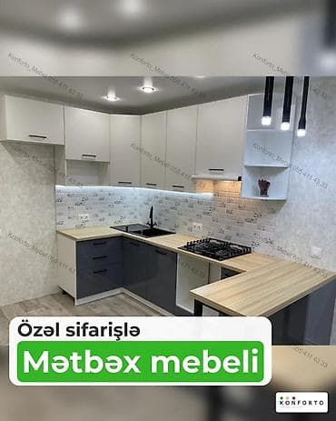 arakesmeler: Özəl sifarişlə mətbəx mebeli - Layihə: L formalı, yuxarı-aşağı dolab — 1