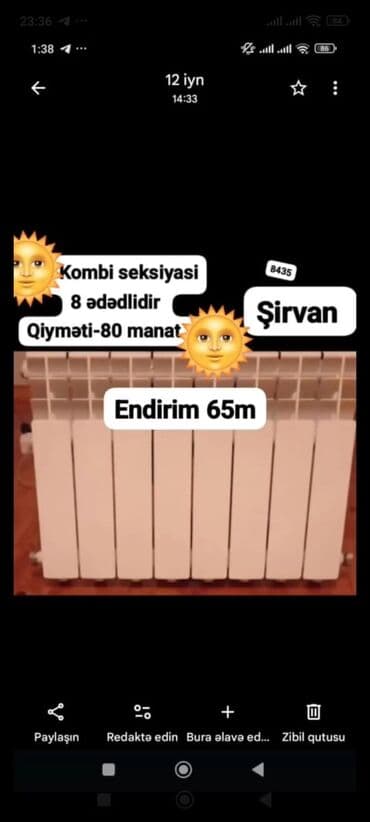 işlənmiş kombi radiatorları: Məhsul: Kombi radiator seksiyası - 8 ədəd seksiyadan ibarət - — 1