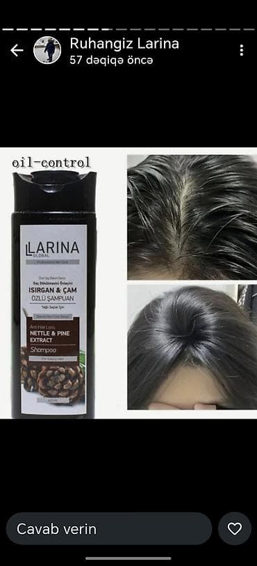 parik sac: LARINA Global Isırğan və Çam özlü şampun – yağlı və tez yağlanan — 1