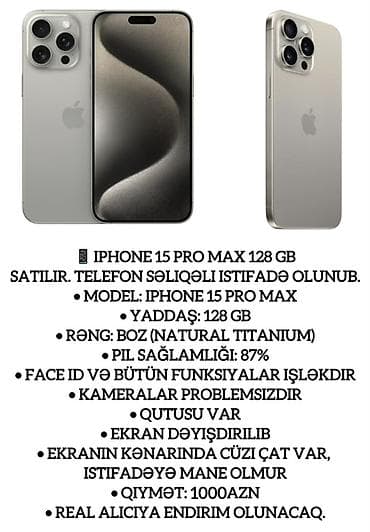 iphone 10 qiyməti: IPhone 15 Pro Max, 128 GB, Natural Titanium, Face ID — 1