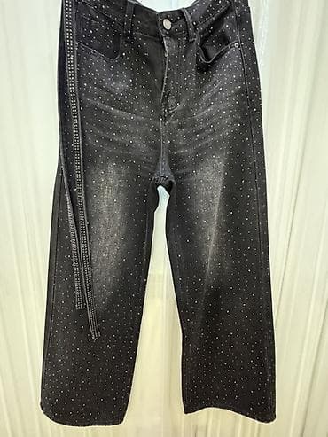 ultra 2: Qara rhinestone detallı denim şalvar - Material: qalın denim (pambıq — 1