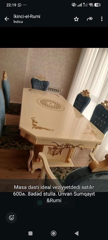 Masa dəsti ideal veziyyetdedi satılır 600₼. 8ədəd stulla. Ünvan — 1