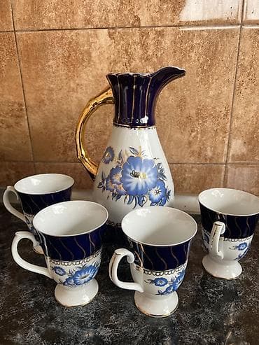 Çay dəsti, rəng - Göy, Farfor, 5 nəfərlik, Yaponiya — 1