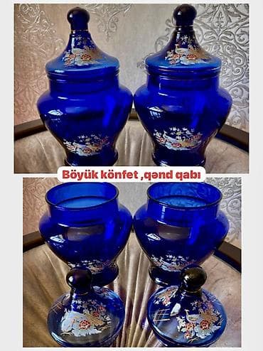 ev aksesuarlari: - Məhsul: 2 ədəd qapaqlı dekorativ şüşə qab - Material: qalın, parlaq — 1