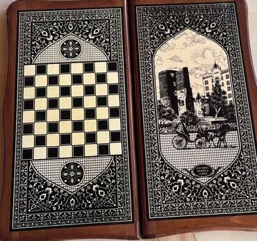 oyun karti: Ağacdan hazırlanmış ikiüzlü oyun dəsti – şahmat və nərd taxtası — 1