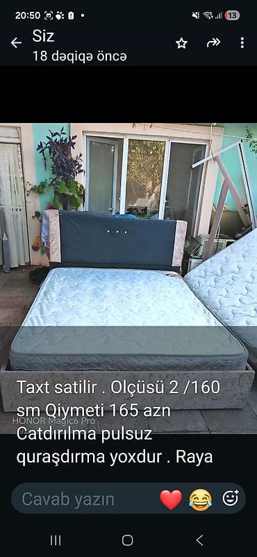 taxt 2 nəfərlik: Taxt satılır. - Ölçü: 200 × 160 sm - Qiymət: 165 AZN - Çatdırılma — 1