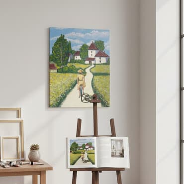 Akril boya tablo – kətan üzərində Mövzu: kənd mənzərəsi. Ön planda