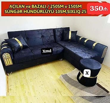 duz divan: Açılan və bazalı künc divan dəsti - Ölçü: 250 sm x 150 sm - Oturacaq — 1