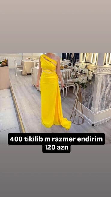 M razmer, sarı rəngdə zərif ziyafət libası. - Bir çiyinli dizayn