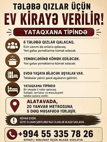 Daşınmaz əmlak: Tələbə qızlar üçün yataqxana tipində kirayə ev. - 6 qız tələbə üçün — 1