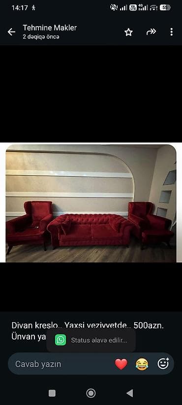 kreslo: Divan kreslo. Yaxsi veziyyetde. 500azn. Ünvan yasamal *Tehi — 1