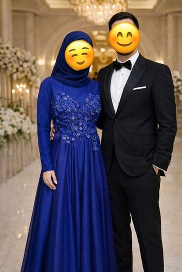 Zərif axşam/libas – krallıq mavisi rəngdə, hicablı modellər üçün