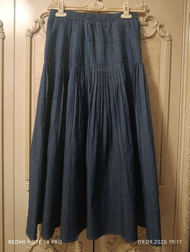 джинсовые юбки на пуговицах: Mavi cins ətək - Model: pliseli, A-kesimli, dizdən aşağı uzunluq - — 1