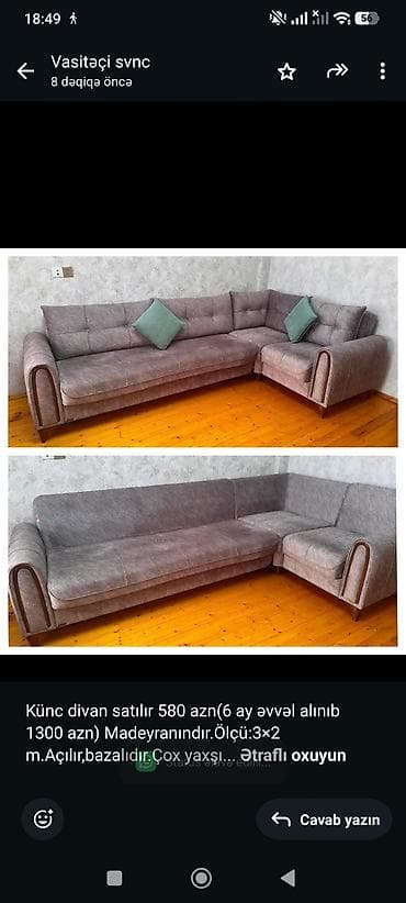 divan satisi: Künc divan satılır 580 azn(6 ay əvvəl alınıb 1300 azn) — 1