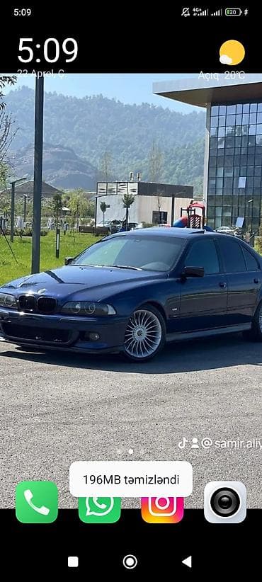 BMW 5 Series E39 sedan – tünd mavi rəng, qara salon. Texniki və
