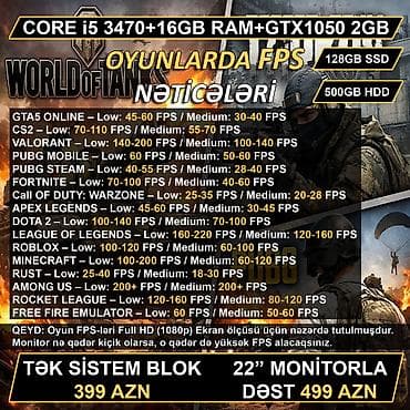 Masaüstü kompüterlər və iş stansiyaları: ŞOK ENDİRİM!!! Oyun üçün Kompüter "RGB Core i5 3470 16GB Ram GTX1050 — 3
