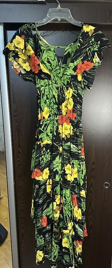 gunluk donlar: Tropik naxışlı qadın paltarı - Uzun, axıcı kəsim – qat-qat ətək — 1