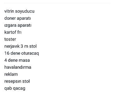 Hazır biznes – dönər avadanlıqları və zal mebeli komplekti Tərkib: - — 8